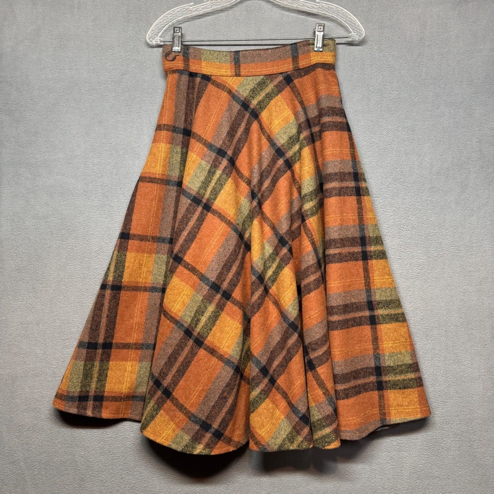 Leading Lady Plaid A-Line Midi Skirt Vintage Style Size S Orange Brown Wool?